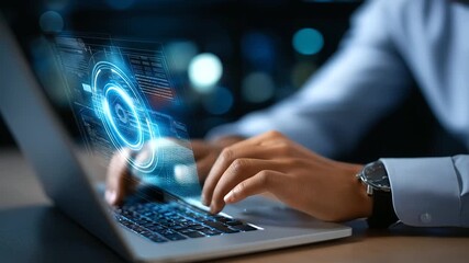 Faceless security analyst working on laptop, defocused threat detection graphics, network protection interface, firewall technology concept, vulnerability management display, data - Powered by Adobe