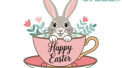 Cute easter bunny peeking out of a teacup with flowers and happy easter text