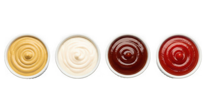 Four popular dipping sauces mustard, mayonnaise, barbecue, and ketchup in small bowls, isolated on transparent background