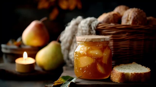 A closeup shot of a jar filled with a goldenbrown liquid, possibly jam or preserves, with slices of apple visible. The jar is placed on a wooden surface.