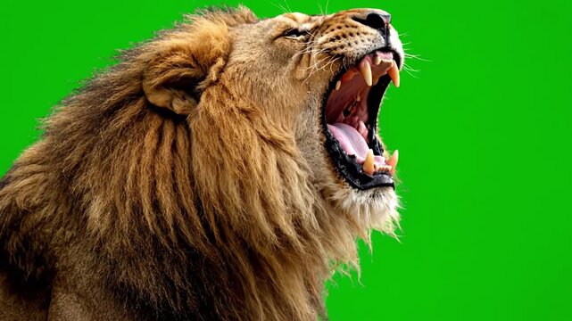 Lion roaring with open mouth showing sharp teeth and tongue, wild animal with thick mane against green background expressing power and dominance, lion with thick mane looking to side green background