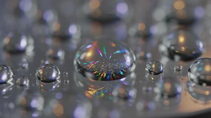 ﻿Extreme close-up slow motion of iridescent light patterns bending through droplets of clear water on a pristine glass surface transparent, texture, abstract