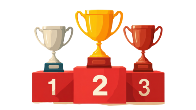 Victory stand features shining gold, silver, bronze trophies celebrating achievement and success in competitive arenas isolated on white background