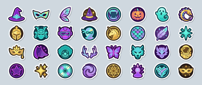 Fantasy and mystery icon set. containing wizard, mask, wings, pumpkin, ghost, dragon, knight, unicorn, butterfly, wolf. Vector collection