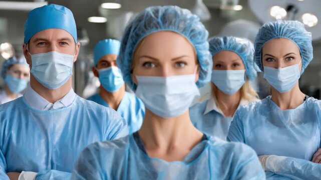 Dedicated Medical Professionals: A team of healthcare workers, donned in surgical attire, gaze with focus and resolve, embodying expertise and commitment within a sterile medical environment.