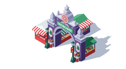 Obraz premium Festive isometric christmas market with colorful booths and decorated archway