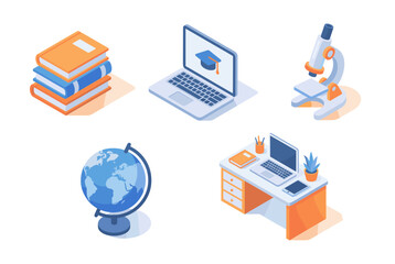 Education and technology icon set. containing books, laptop, microscope, globe, desk, and more. Vector collection
