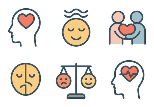 Emotional wellness icons depicting balance, connection, and mental health awareness