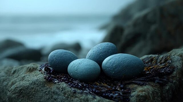 Coastal Nest Four smooth wet stones on seaweedstrewn rock