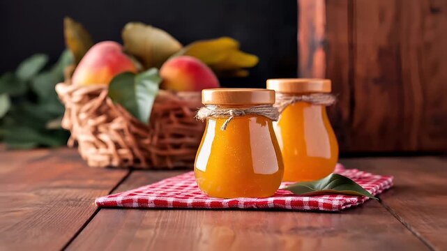 A closeup shot of a glass jar filled with a yellowish liquid, possibly apricot jam, with a wooden lid and a string tied around the neck.
