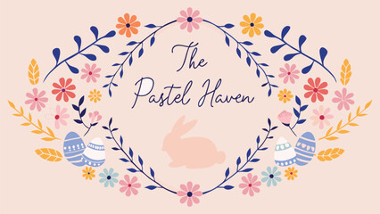 Charming pastel easter illustration featuring a floral wreath decorative eggs and a silhouette of a bunny with the text the pastel haven