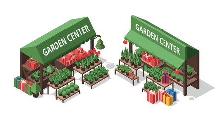Fototapeta premium Isometric garden center stalls with plants and holiday gifts
