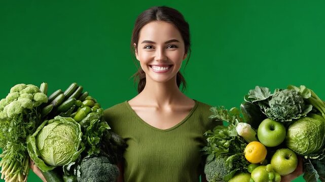 Green Wellness: A beaming woman cradles armfuls of vibrant, verdant vegetables and fruits. a vibrant, harmonious scene of health and vitality.
