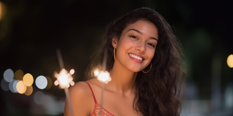 Young hispanic female enjoying night celebration with sparklers and golden lights