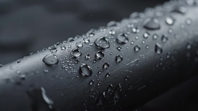 Water droplet close up macro photography on black metal surface showing wet texture and reflection with dark liquid appearance and shiny reflections in moody atmosphere