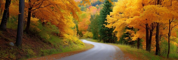 Serene autumn road amidst vibrant orange and yellow trees