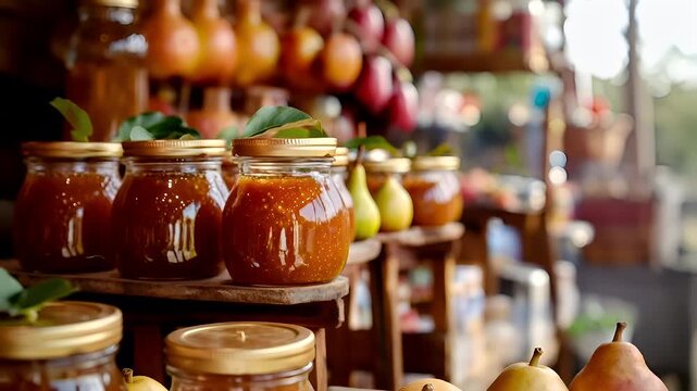 A closeup shot of a jar filled with a goldenbrown liquid, possibly jam or preserves, with visible specks of specks and a glossy texture.