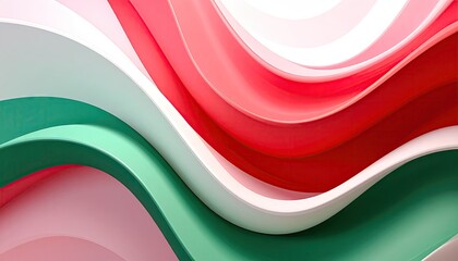Abstract flowing curves with vibrant red pink white and green colors.