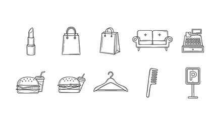 Hand drawn everyday icons: beauty, shopping, dining, home, retail