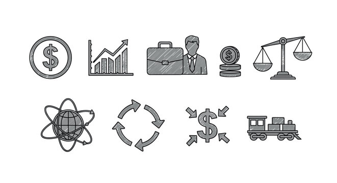 Set of monochrome business icons featuring finance, growth, and trade