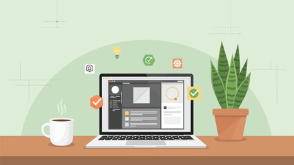 Modern Workspace Vector Illustration with Laptop, Plants, and Business Icons for Remote Work, Customer Service, or Digital Marketing Concept