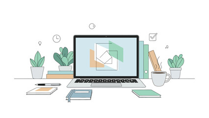 Flat Line Vector Illustration of Designer Workspace with Laptop Showing Abstract Graphics, Plants, and Clock Icon for Creative Design Process Concept