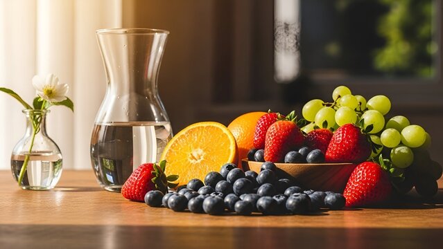 Fresh fruits including strawberries, oranges, and grapes on wooden table   - Powered by Adobe