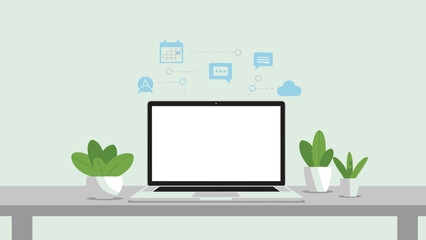 Minimalist Workspace Vector Illustration with Laptop, Books, and Idea Bulb for Education, Study, or Remote Work Concept