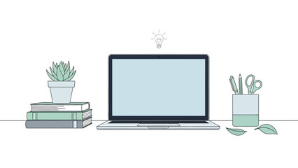 Minimalist Workspace Vector Illustration with Laptop, Books, and Idea Bulb for Education, Study, or Remote Work Concept