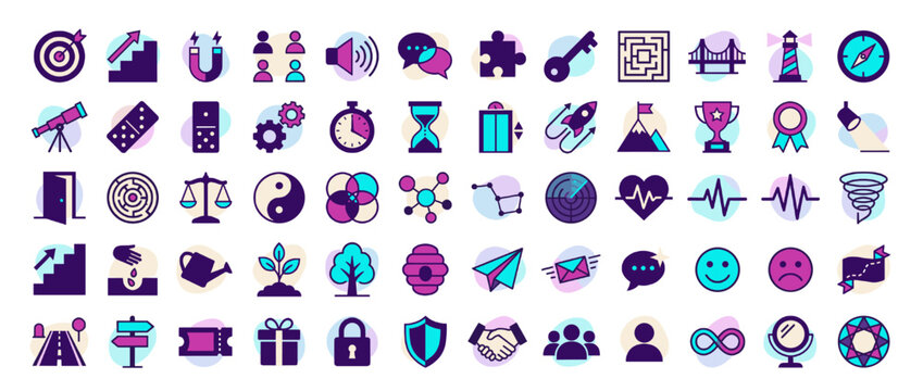 Business management icons set. including target, magnet, team, communication, puzzle, maze, bridge, compass, telescope. Vector collection