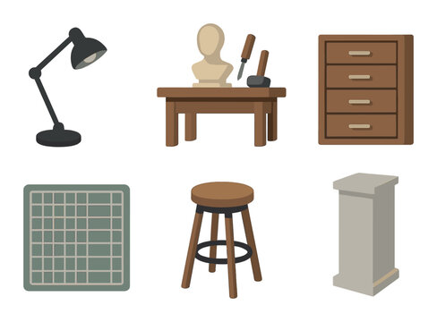 Artistic workspace with sculpture tools and furniture elements