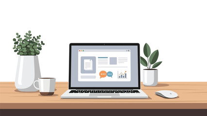 Digital Business Administration Concept with Laptop Mockup, Potted Plant, and Floating Icons: Calendar, Chat, and Cloud Storage for Modern Office Management