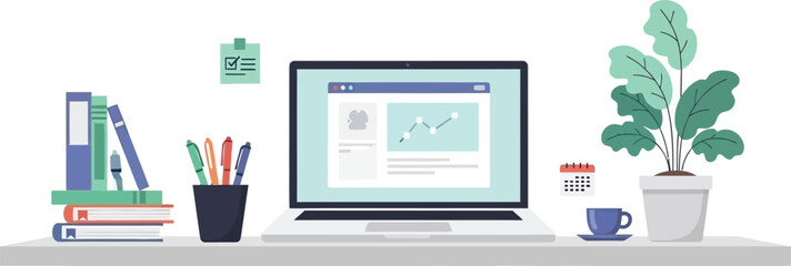 Flat Vector Illustration of Developer Workspace with Laptop Screen Showing Statistic for Web Development or Software Engineering Concept