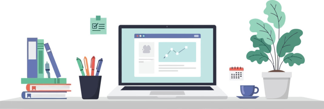 Flat Vector Illustration of Developer Workspace with Laptop Screen Showing Statistic for Web Development or Software Engineering Concept