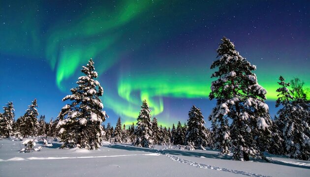 Spectacular green aurora borealis illuminates a snowy winter forest at night. - Powered by Adobe