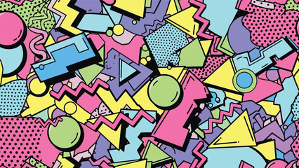 Seamless Vector 90s Memphis Pattern with Halftone Dots and Overlapping Geometric Shapes in Retro Pop Art Colors