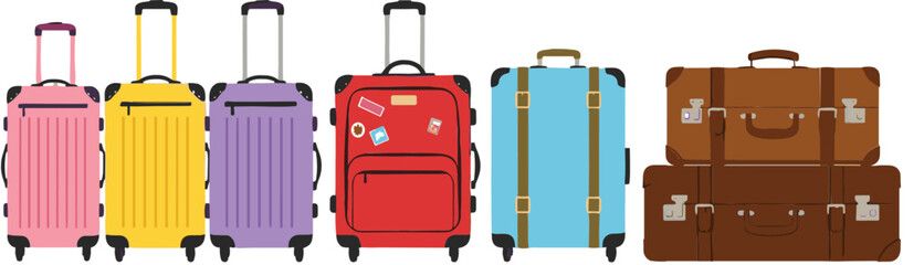 Cartoon Travel Luggage Collection with Colorful Suitcases and Vintage Bags Tourism Transportation Flat Vector Illustration Set