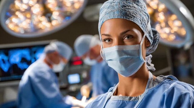Focused Resolve: A poised surgical team member, her eyes radiating dedication and focus, ready to undertake the delicate tasks of her profession.