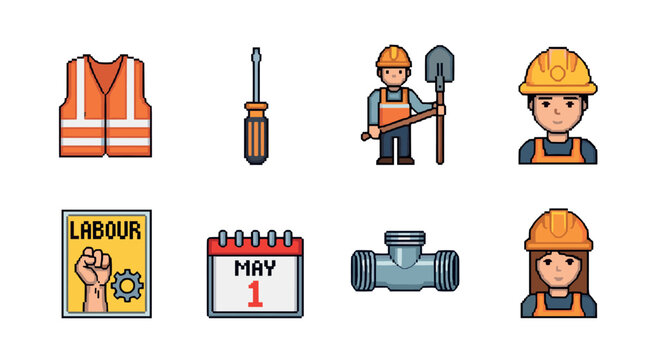 International workers day icons set: tools, hard hats, and labor day symbols - Powered by Adobe