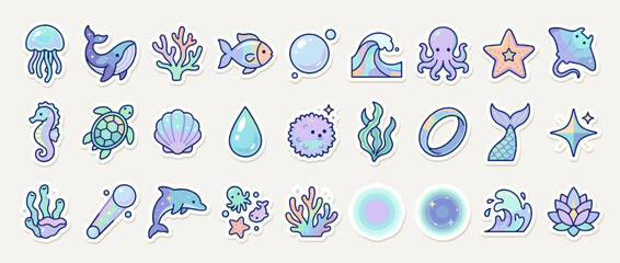 Marine life icon set. featuring jellyfish, whale, coral, fish, wave, octopus, starfish, manta ray, turtle, shell, seahorse. Vector collection