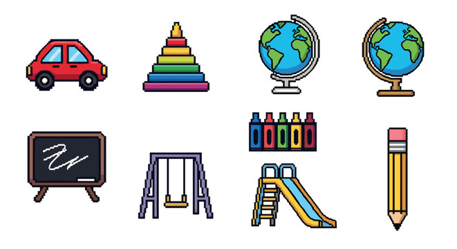 Colorful pixel art education icons including car, globe, and playground elements