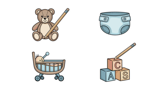 Baby essentials icons: toys, diaper, stroller, blocks in pastel colors