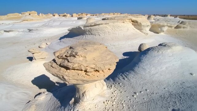 A vast, otherworldly desert landscape featuring mushroom-shaped rock formations under a clear blue sky
