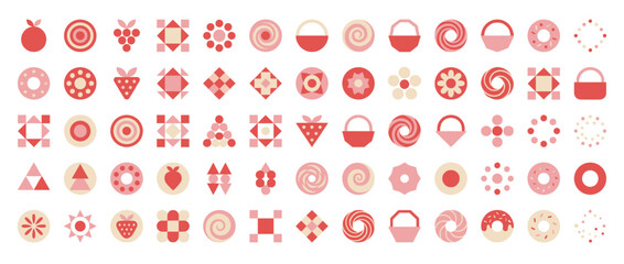 Geometric pattern icon set. containing circles, triangles, squares, spirals, strawberries, dots, flowers and more. Vector collection