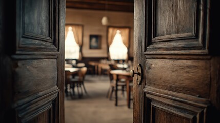 Open Wooden Door Leading To Vintage Cafe
