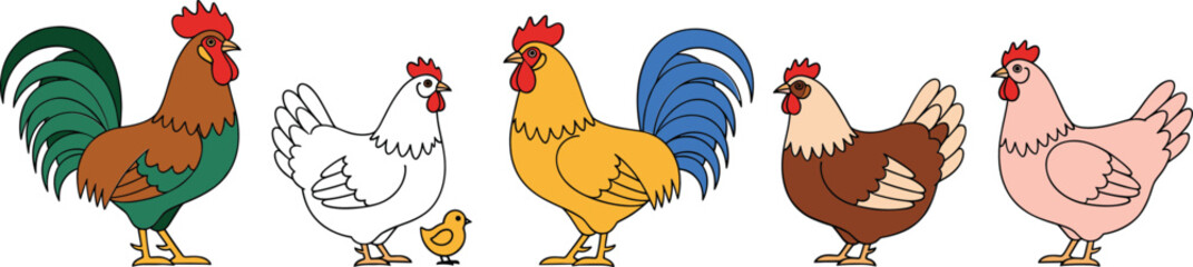 Colorful Cartoon Farm Chicken Set with Rooster, Hen, and Chick Flat Vector Illustration Isolated on White Background