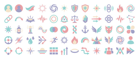 Obraz premium Abstract icon set. containing swirl, shield, fire, link, pulse, anchor, flame, balance, arrow, and more. Vector collection