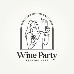 minimalist woman holding a glass of wine and having a party line art icon badge logo vector illustration design