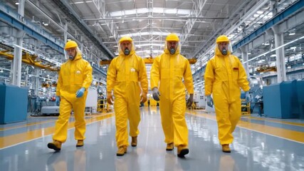 Hazmat Crew's Inspection: A resolute team of four, clad in bright yellow hazmat suits and safety gear, strides confidently through a modern industrial facility, undertaking a critical inspection.