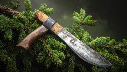 Rustic handmade knife resting on lush green pine branches in forest.